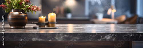 Modern empty dark marble table top or kitchen island on blurry bokeh kitchen room interior background. for montage product display. © AI_images