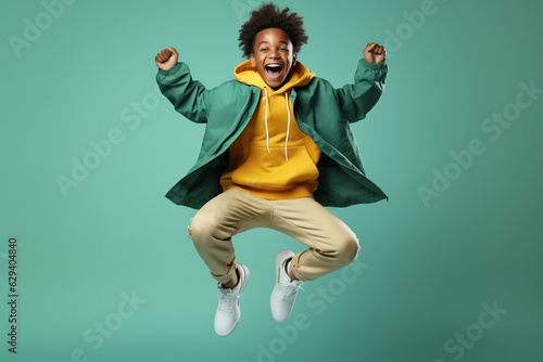 Portrait of jumping African-American teenage boy on green background.