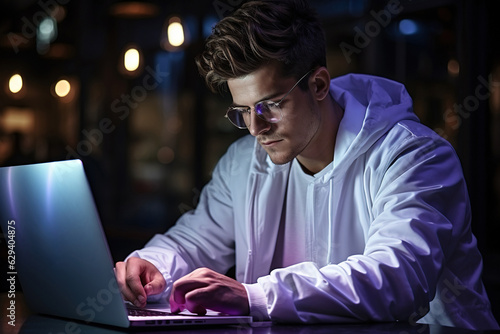 Man in glasses is sitting by the laptop in dark room with neon lighting.