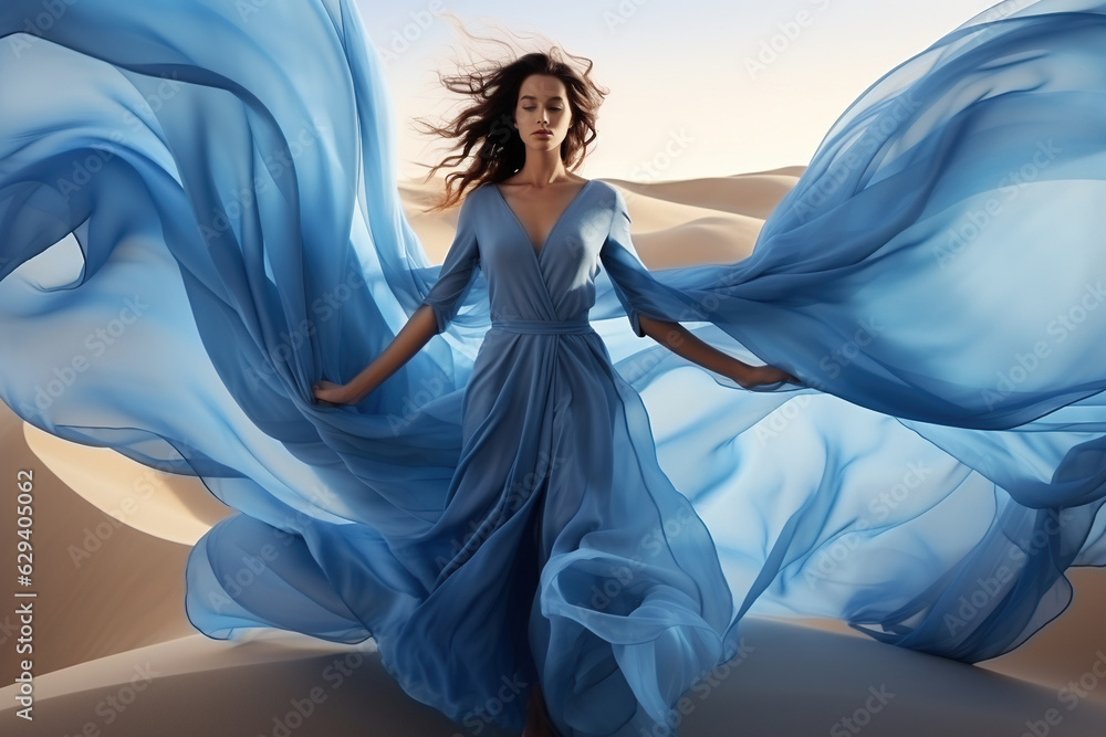 Woman in blue waving dress with flying fabric. - obrazy, fototapety, plakaty 