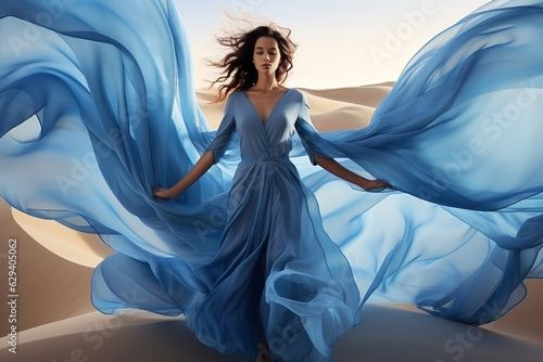 Woman in blue waving dress with flying fabric. photo