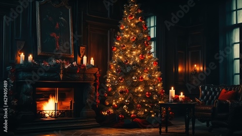 Christmas tree in a classic wooden interior at night