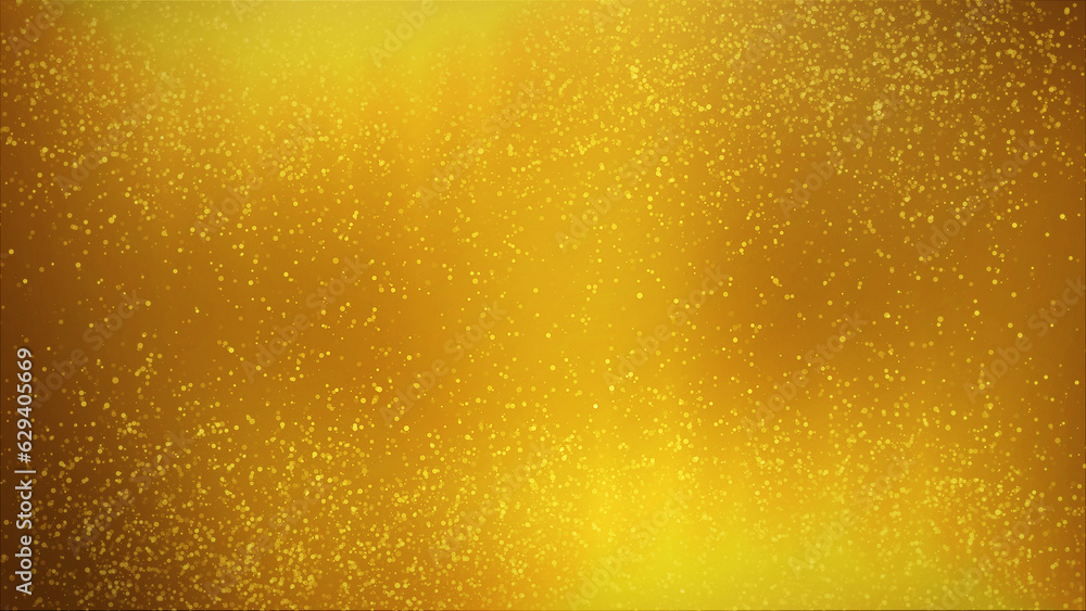 golden particles shining stars dust bokeh glitter awards dust abstract background. Futuristic glittering in space on gold color background.
