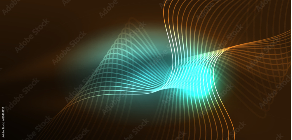 Shiny glowing neon wave. Neon light or laser show, electric impulse, power lines, techno quantum energy impulse, magic glowing dynamic lines Shiny glowing neon wave. Neon light or laser show, electric impulse, power lines, techno quantum energy impulse, magic glowing dynamic lines