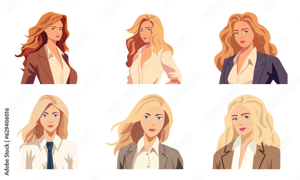 Set of avatar businesswoman. Beautiful woman portrait for business avatar. Young woman vector illustration. Set of avatar businesswoman. Beautiful woman portrait for business avatar. Young woman vector illustration.