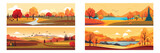 Set of beautiful autumn landscape. Fall landscape, horizontal background. Vector illustration.