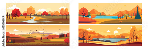 Set of beautiful autumn landscape. Fall landscape, horizontal background. Vector illustration. © clelia-clelia