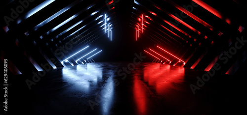 Sci Fi Futuristic Blue Red Purple Neon Lasers Modern Cyber Underground Tunnel Corridor Glossy Realistic Concrete Metal Arc Hallway Showroom Studio 3D Rendering
