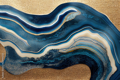 Golden and blue acrylic color liquid ink swirl abstract background with ravishing turbulence wavy pattern and detailed texture by Generative AI.