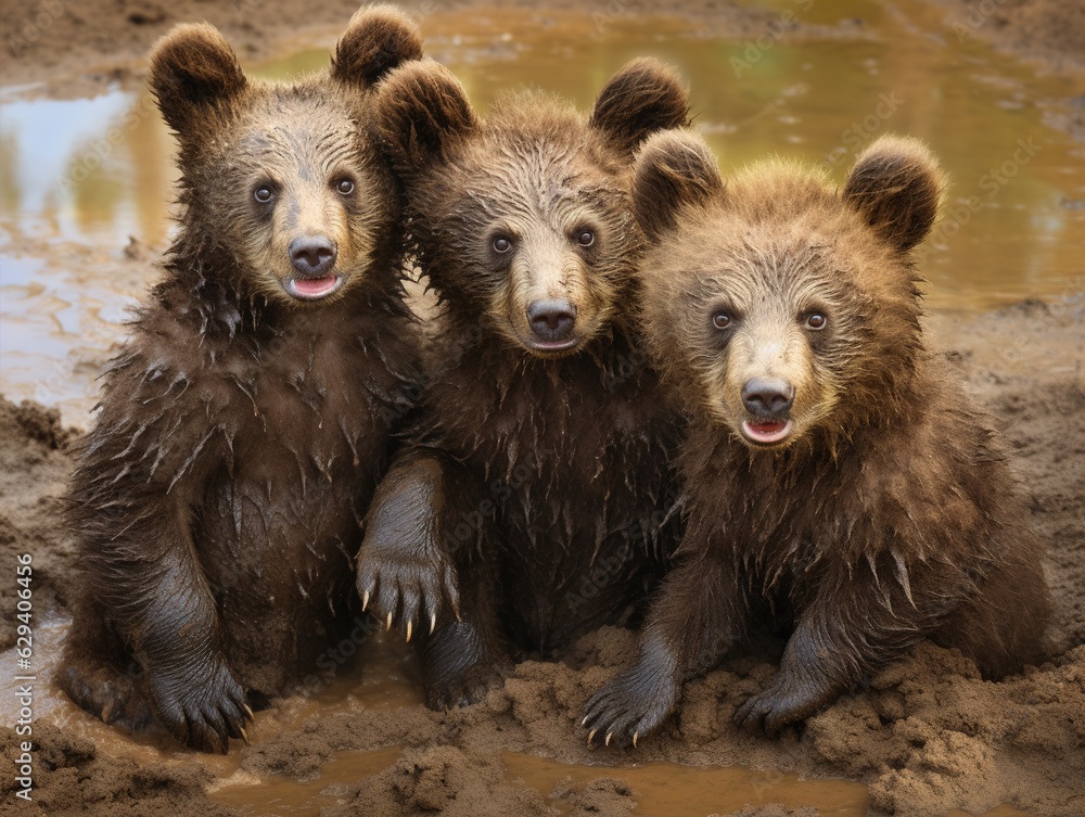 bear cubs playfully rolling in a mud puddle under the watchful eye of their mother, emphasizing their playful behavior and family bonds bear cubs playfully rolling in a mud puddle under the watchful eye of their mother, emphasizing their playful behavior and family bonds