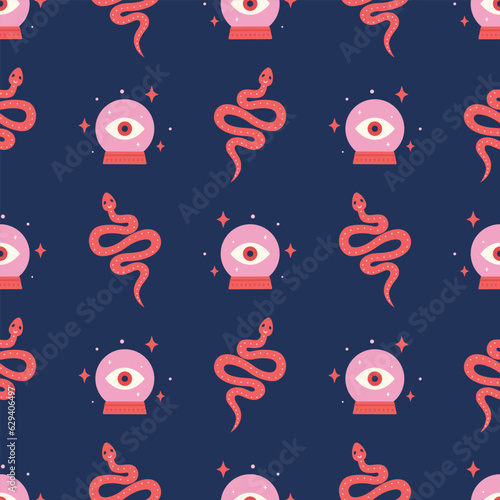Magic globes and snakes seamless pattern.
