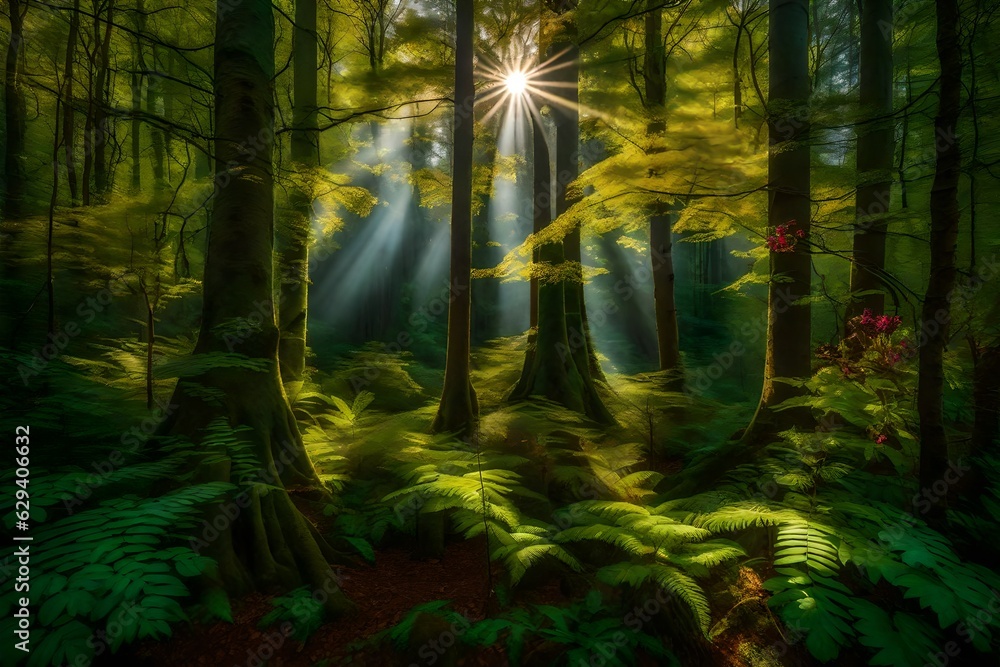 Sunlight filters through the dense canopy of the photo forest, illuminating vibrant hues of green and gold generative ai technology
