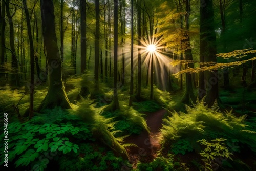 Sunlight filters through the dense canopy of the photo forest, illuminating vibrant hues of green and gold generative ai technology 