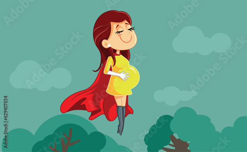 Superhero Mother Flying on the Sky Vector Cartoon Illustration.Cheerful smiling super mom enjoying green nature 
