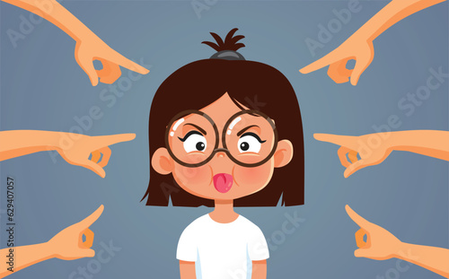 Family Scolding Naughty Little Girl Vector Cartoon Illustration. Misbehaving kid being singled out by others 
