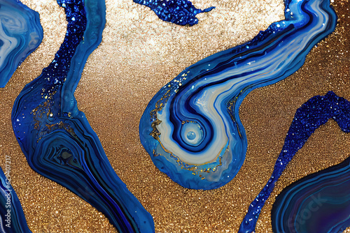 Blue and golden acrylic liquid ink swirl abstract background with ravishing turbulence wavy pattern and detailed texture. Luxury fluid liquid art by Generative AI.