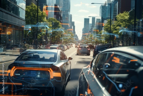 Self Driving Car Navigating Through City, Generative AI © Box Milk