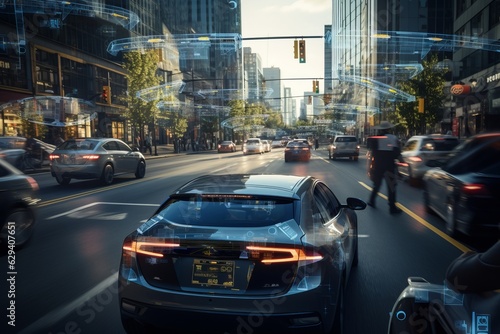 Self Driving Car Navigating Through City, Generative AI © Box Milk