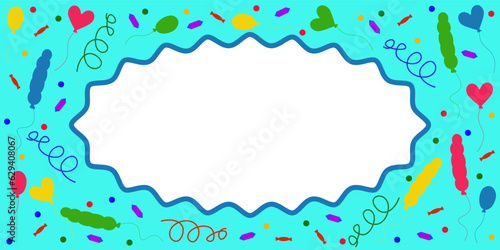 A childish greeting or invitation birthday card with colored balloons, swirls and sweets