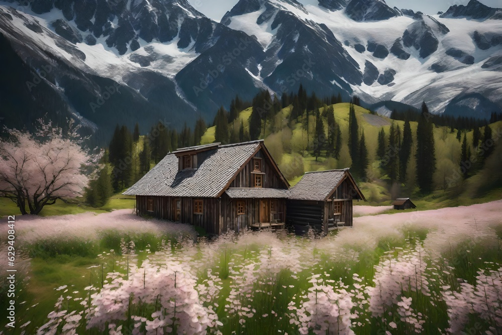 Wooden remote house in a beautiful landscape full of blossom flowers