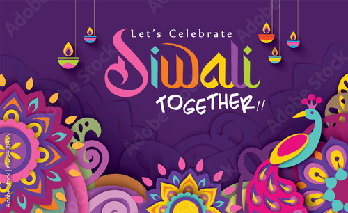 Happy Diwali celebration background. banner design decorated with illuminated oil lamps on patterned background. vector illustration design