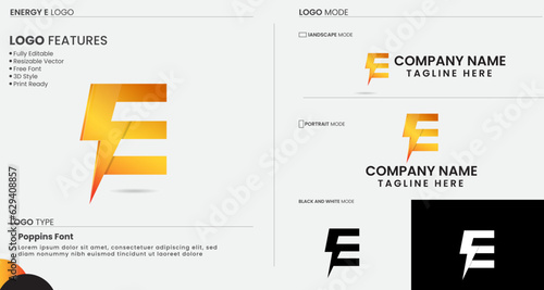 Energy E logo. Flash E letter logo. Business. Power. Electricity power. Finance. Premium template. Volt E. lettering design. Colorful. Unique vector art