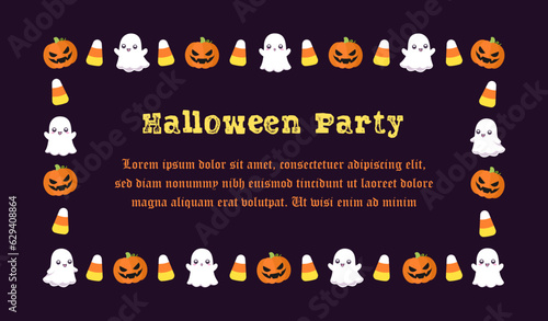Cute Halloween party invitation frame template. Rectangle Halloween border design with cartoon ghost  jack o lantern  pumpkins  candy corn. Social media banner vector illustration