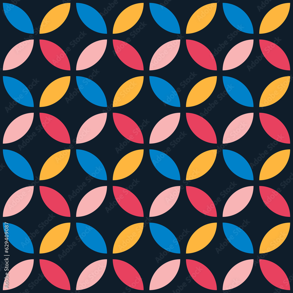 Modern seamless pattern with geometric colored petals on a black background for textiles, fashion fabrics, interior wallpapers. Modern seamless pattern with geometric colored petals on a black background for textiles, fashion fabrics, interior wallpapers.