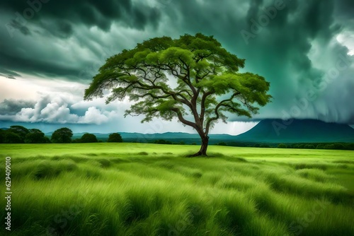 vast expanse of a grassy landscape, a lone tree stands tall, its branches reaching out to the heavens. Above, a raincloud looms, promising a refreshing downpour on earth generative ai technology 