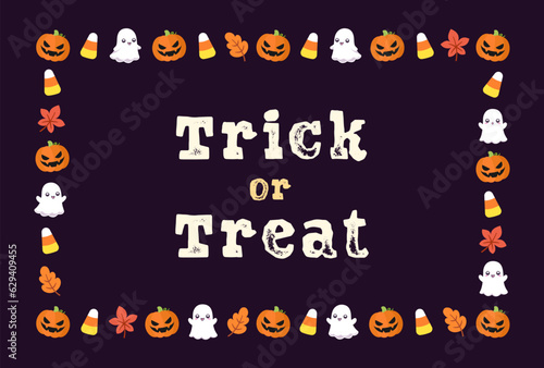 Cute Trick or Treat Halloween card frame template. Rectangle Halloween border design with cartoon ghost, jack o lantern, pumpkins, candy corn. Social media banner vector illustration