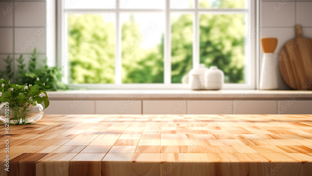 Selective focus.Wood desk counter bar in cozy kitchen with window green garden view.food and drink background.ai generated images Selective focus.Wood desk counter bar in cozy kitchen with window green garden view.food and drink background.ai generated images