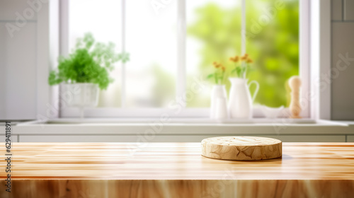 Selective focus.Wood desk counter bar in cozy kitchen and chopping board with window green garden view.food and drink background.ai generated images
