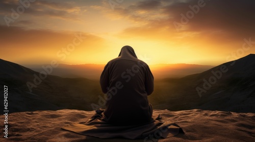 photograph of A Muslim man is facing the sunset and praying namaz or salah. Serene holy night background.