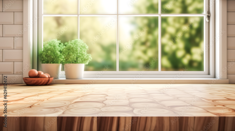 Selective focus.Wood desk counter bar in cozy kitchen with window green garden view.food and drink background.ai generated images Selective focus.Wood desk counter bar in cozy kitchen with window green garden view.food and drink background.ai generated images