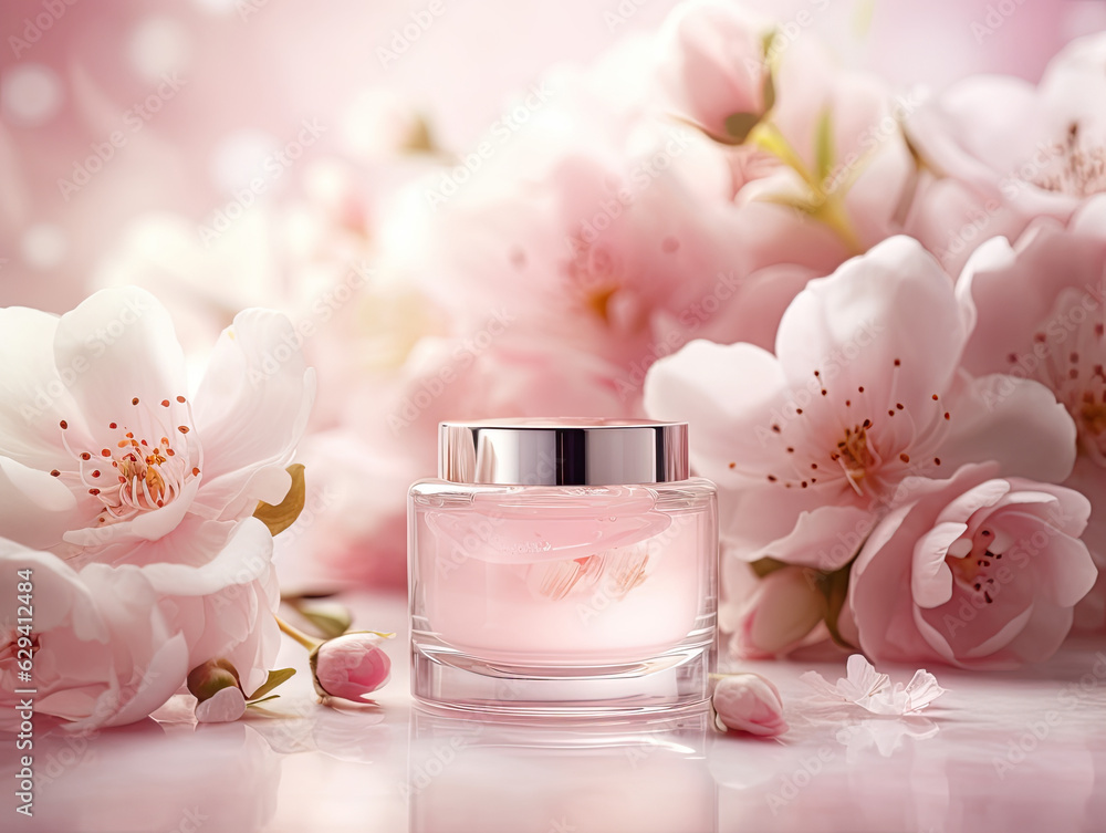 Soft Pink Cosmetics with Blooming Flowers Soft Pink Cosmetics with Blooming Flowers
