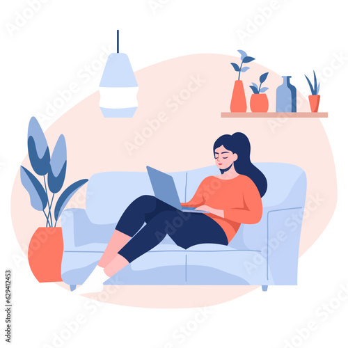 Flat vector illustration. Cute girl lying on a couch and working in laptop. Home interior. Concept of work at home, freelancing, maternity leave . Vector illustration