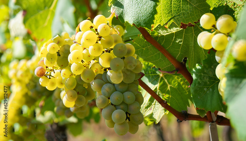 Quadro em tela Close Up White wine grapes in vineyard on a sunny day