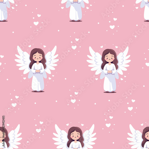 Seamless vector pattern on pink background. Cute girl angel, stars and hearts. . Vector illustration