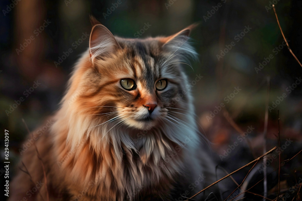 Siberian Forest Cat in forest. 