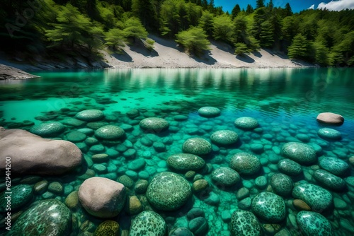 A breathtaking shot captures the tranquility of a turquoise lake, where beautiful stones lie peacefully beneath the shimmering water generative ai technology 