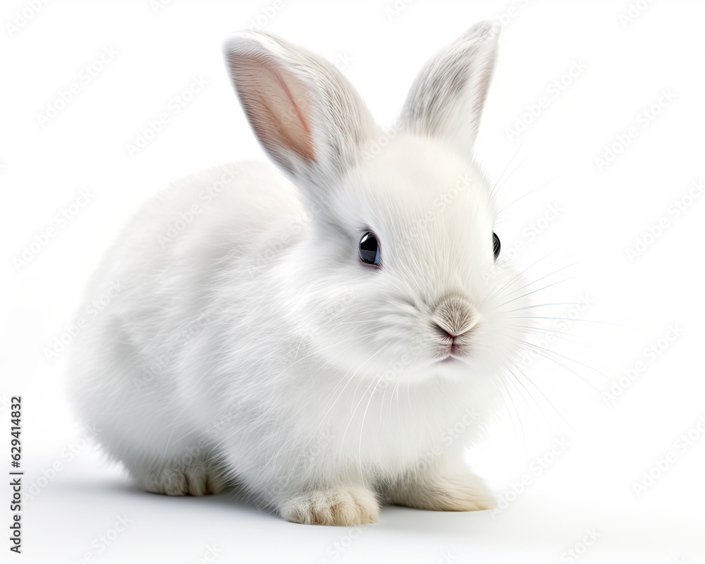 Fluffy White Bunny Isolated on White Background - Generative AI Stock Illustration