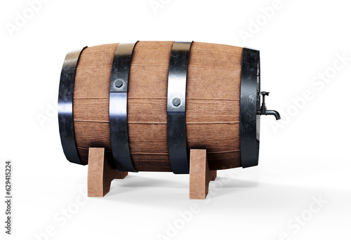 Wooden barrel on wooden stand 3D render
