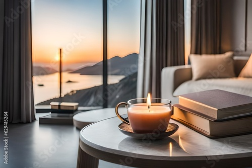 Cup of tea with paper open book and burning scented candles on marble table over cozy chair and glowing lights in bedroom closeup. Winter holiday season.AI generated