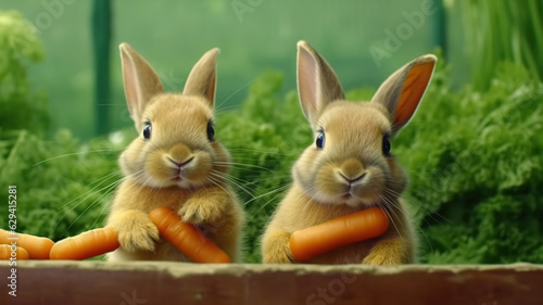 Cute rabbits munching on carrots . Fantasy concept , Illustration painting. © X-Poser