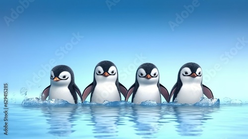 Cute penguins sliding on ice . Fantasy concept , Illustration painting.