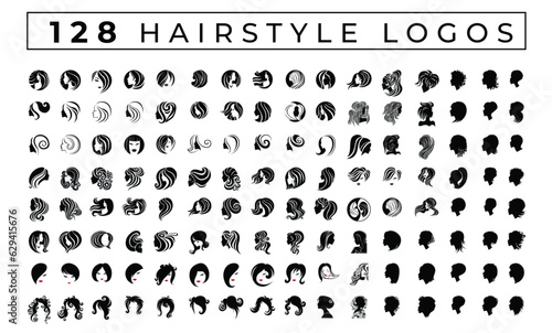 128 vector illustrations of woman with beautiful hair. Hairstyle logotype
