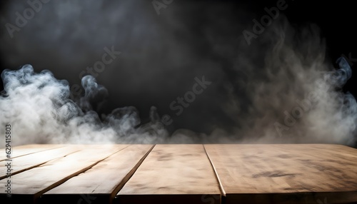 table with smoke, empty wooden table with smoke float up on dark background Empty Space for display your products, wooden, floor, sky, empty, wall, AI generated 