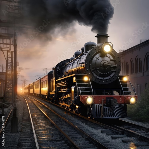 The steam train travels in the evening © cherezoff