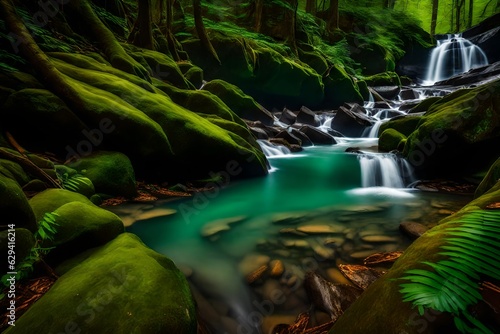 A stunning photo captures the allure of a clean cascade  its waters flowing gently amidst the lush greenery of the shore generative ai technology 