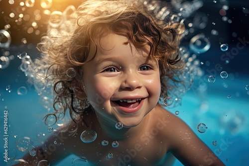 close up portrait of young boy swimming in pool with water splash, generative Ai  Keywords language: English © QuietWord